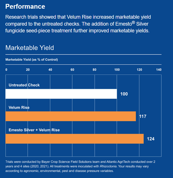 The image is a performance chart titled 'Marketable Yield,' showing the results of research trials on the marketable yield of Velum Rise compared to untreated checks. The chart includes three treatments: Untreated Check: 100%, Velum Rise: 117%, and Emesto Silver + Velum Rise:124%.  At the bottom, there is a note stating that trials were conducted by Bayer Crop Science Field Solutions teams and Atlantic AgriTech over 2 years and 4 sites (2020, 2021). All treatments were inoculated with Rhizoctonia. Trials were randomized, replicated, and conducted under best possible farm practices. 